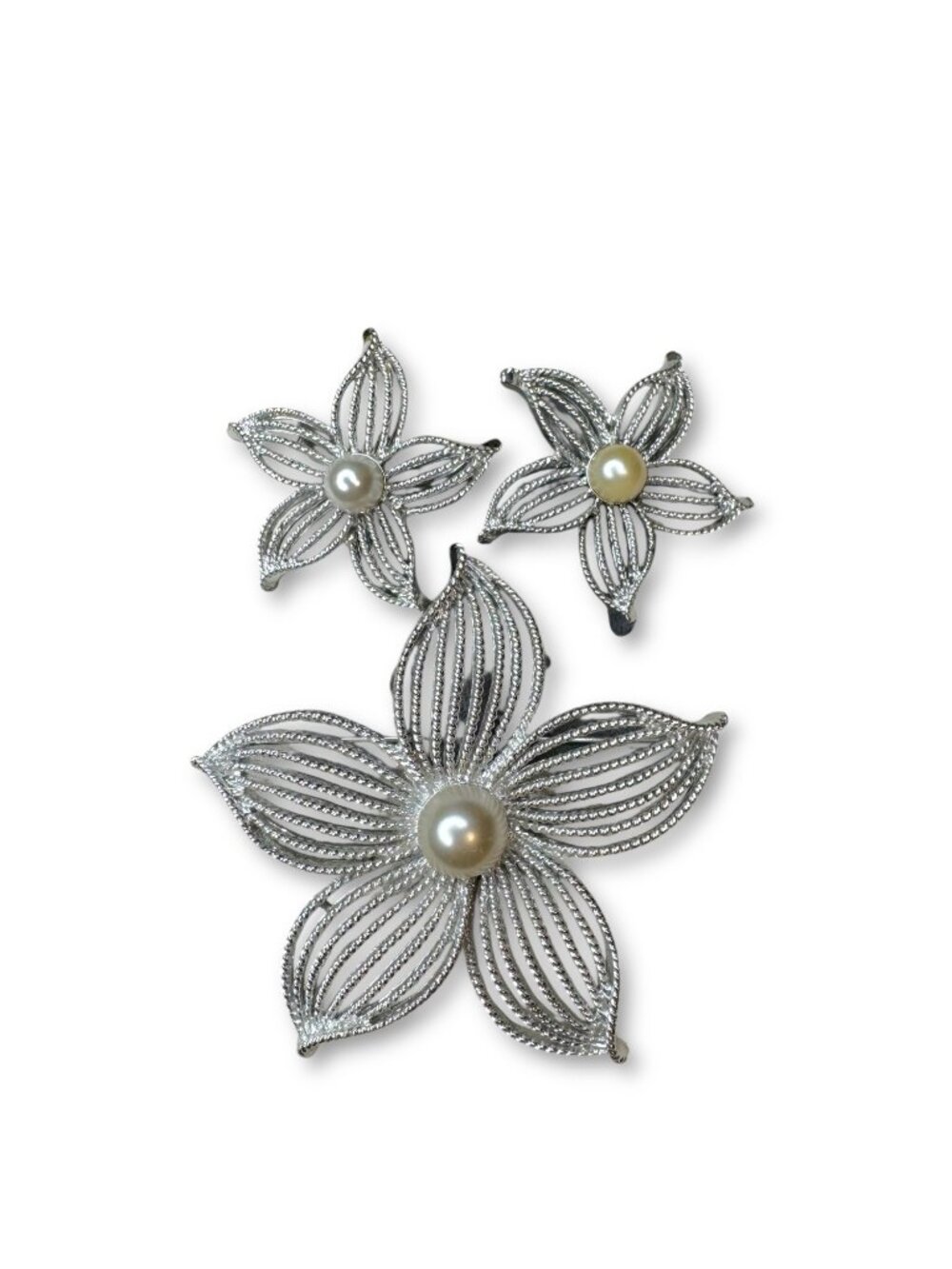 Sarah Coventry 1960s Moonflower Silvertone Brooch Earrings Set Vintage